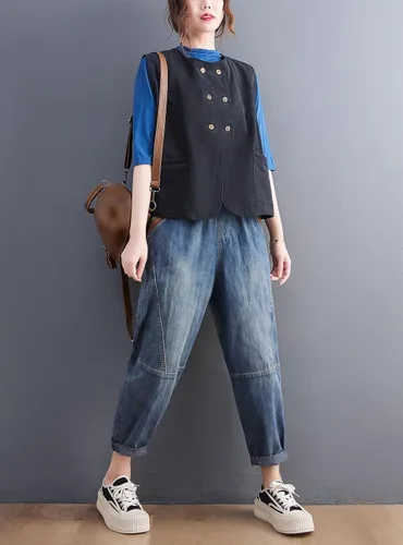 Miniatura 5 de DOVWOER - Chaleco holgado estilo vintage para mujer con botones y 2 bolsillos