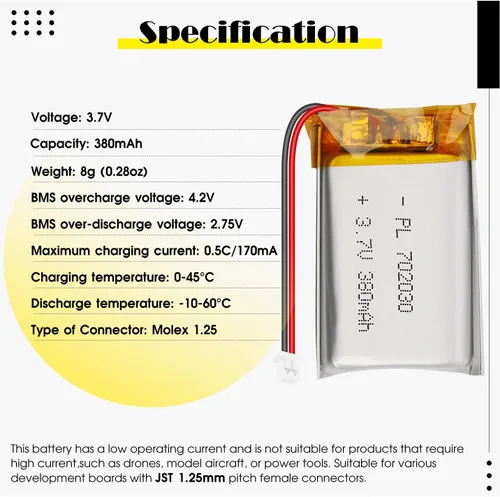 Miniatura 3 de 702030 3.7V 380mAh LiPo Batería - Batería recargable de polímero de litio con placa de protección y conector Micro JST 1.25 para dispositivo