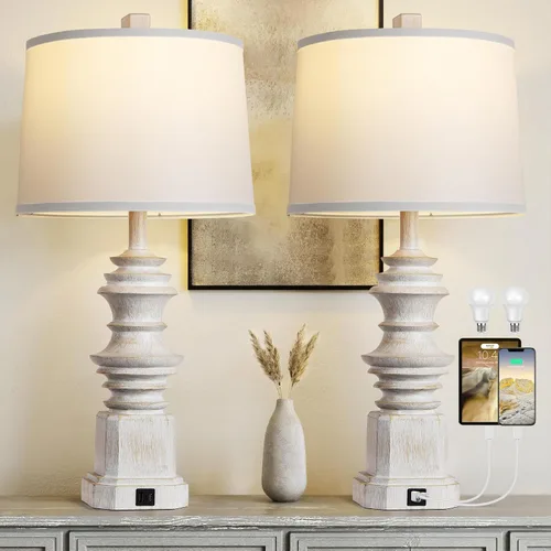 QiMH - Juego de 2 lámparas de mesa para mesita de noche, lámpara de noche con dos puertos de carga USB, lámparas de mesa de decoración de granja con