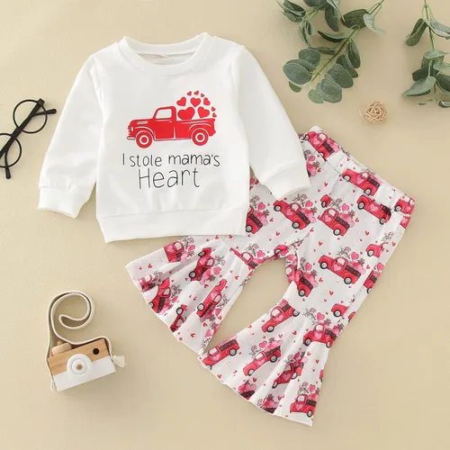 Miniatura 7 de Toddler Winter Long Sleeved Valentine's Day Letter Tops Love Car Print Flare Pants 2pcs School Shirts for Teen