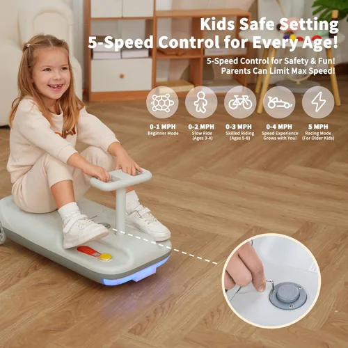Miniatura 3 de Coche de Paseo Eléctrico de 12V con Diversión de Limpieza, 3 en 1 Gokart, Arranque Suave, 5 Velocidades Ajustables, Escoba Desmontable, Batería Gris
