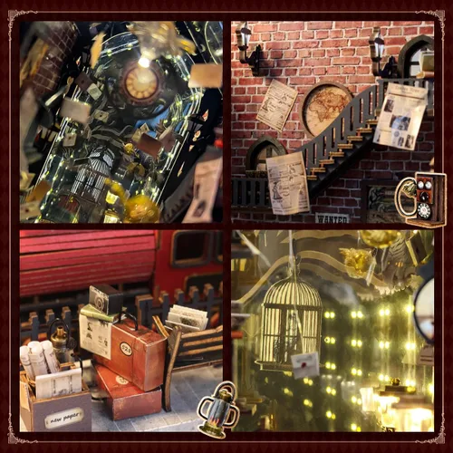 Miniatura 6 de Kit de rincón de libro de estación de tren retro, rompecabezas de casa de muñecas en miniatura 3D con luz LED, apto para principiantes para adultos
