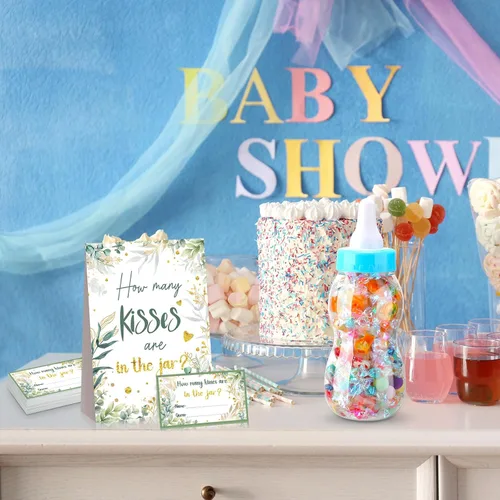 Miniatura 4 de Fuutreo Juego de 52 piezas de regalos para baby shower, incluye un biberón grande de pie con 50 tarjetas pequeñas, decoraciones florales para niñas