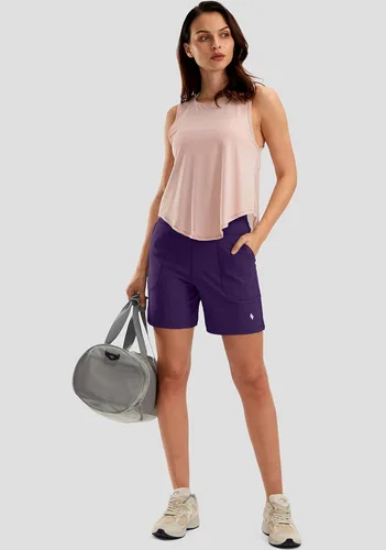 Miniatura 6 de SANTINY Bermudas de 6 pulgadas para mujer con bolsillos, pantalones cortos de cintura alta para correr