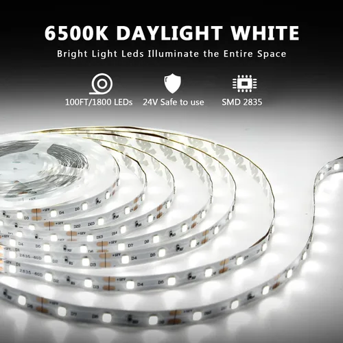Miniatura 2 de dalattin - Tira de luces LED blancas de 100 pies, tira de luces LED regulable de 24V, 6500K, luz blanca diurna de 1800 LEDs para dormitorio, espejo