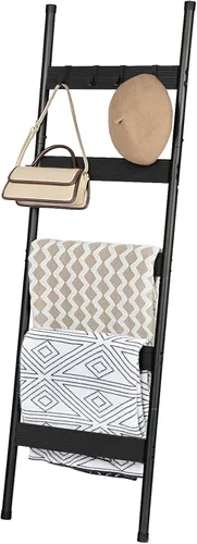 Miniatura 7 de HOOBRO Escalera para mantas, estante de toallas de 5 niveles con ganchos, estante de mantas inclinado en la pared, estante decorativo