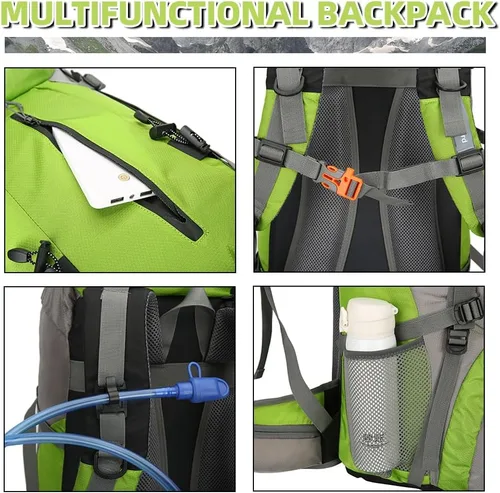 Miniatura 4 de King'sGuard Mochila de senderismo de 70L con cubierta de lluvia, mochila de viaje impermeable ligera para acampar, mochila grande Verde
