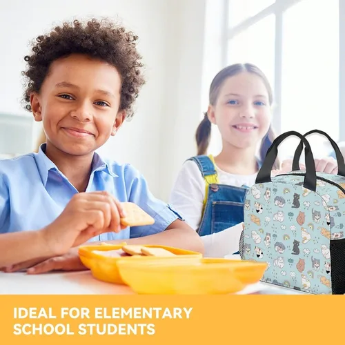 Miniatura 7 de Lonchera para gatos y adolescentes, lonchera aislada para niñas, bonita lonchera azul con bolsillos, bolsa de almuerzo reutilizable mediana