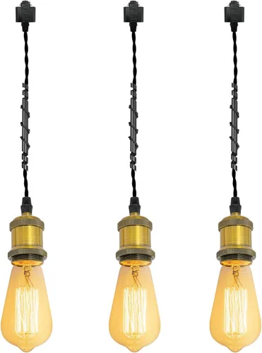 Miniatura 46 de Kiven 3 luces H System Track Mini colgante, soporte de lámpara con acabado negro perla, kit de luces de riel, colgante de rosa, tela trenzada