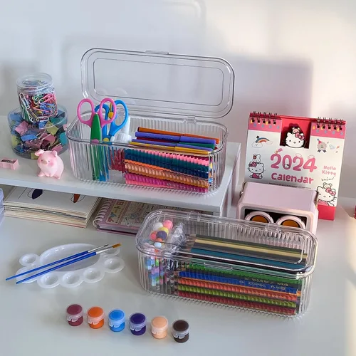 Miniatura 9 de Organizador de bolígrafos transparente con tapa, caja de almacenamiento de accesorios de cajón de escritorio de plástico para oficina en casa