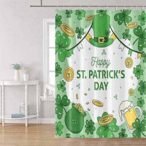 Miniatura 2 de Cortina de ducha para el día de San Patricio, sombrero de trébol verde, monedas doradas, cortina de ducha de vidrio de cerveza, juego de decoración