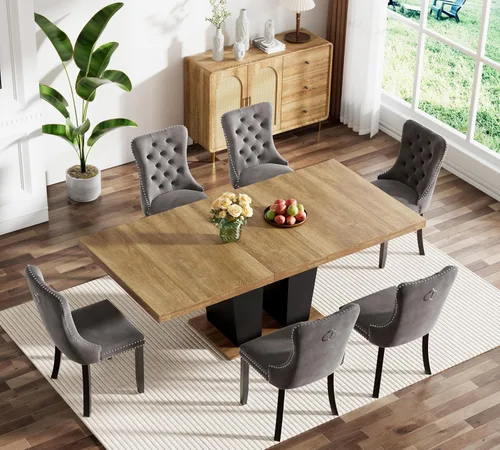 Miniatura 111 de Juego de mesa de comedor extensible marrón de 63 a 78.74 pulgadas para 4, juego de mesa de comedor de 5 piezas con 4 sillas, mesa de cocina