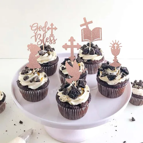 Miniatura 5 de 24 piezas de decoración para cupcakes con purpurina y paloma para magdalenas, para primera comunión, tema de bautismo cristiano, baby shower, fiesta