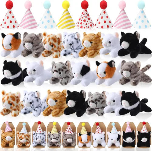 Miniatura 8 de Juego de 20 Mini Juguetes de Peluche Animales de Peluche Perros con Sombreros de Cumpleaños Cajas de Papel Kraft Cachorros de Peluche Pequeños