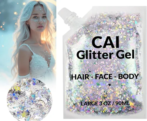 Miniatura 6 de Gel de purpurina para rostro, cuerpo y cabello, purpurina de Halloween para niños y mujeres, gel de grado cosmético de 3 onzas con luna y estrellas
