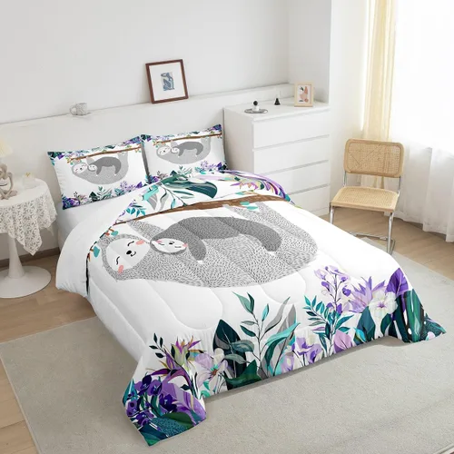 Miniatura 5 de Erosebridal Juego de edredón de perezoso tamaño individual, bonito edredón de plumón de perezoso en árbol para niños y niñas, juego de ropa de cama