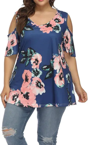 ALLEGRACE Camiseta tipo túnica de manga corta con hombros descubiertos para mujer, talla grande, cuello en V