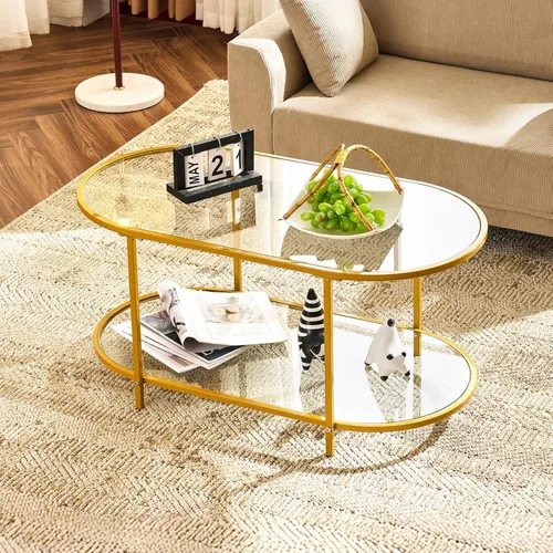 Miniatura 15 de VINGLI Mesa de Centro de Cristal, Mesa de Centro Redonda de 25.6" Dorado Champán para Sala de Estar, Mesa de Centro de Cristal de 2 Niveles con Oro