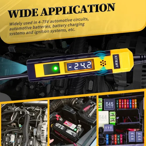 Miniatura 7 de AWBLIN Luz de Prueba Automotriz de 4-75V DC, Probador de Luz Digital LCD con Voltímetro, Probador de Circuito de Servicio Pesado con Indicación