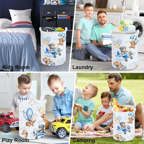 Miniatura 7 de Clastyle Cesta grande de 45 L con asa plegable para almacenamiento de juguetes con tapa para guardería y niños, con diseño de oso azul