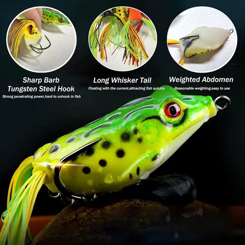 Miniatura 2 de Señuelo de rana Topwater, kit de señuelos de pesca para trucha, señuelos de rana realistas con ganchos sin hierbas, cebo flotante suave para agua
