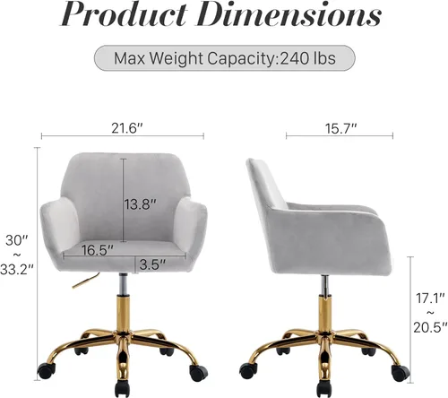 Miniatura 3 de Silla de Escritorio Giratoria de Piel Sintética de 360°, Moderno Sillón de Oficina en Casa Ajustable en Altura con Base Dorada para Adolescentes