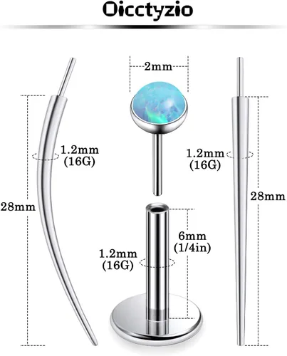 Miniatura 3 de F136 - Aretes de titanio 20/18/16G sin rosca, con parte trasera plana, multicolor, ópalo, nariz, labret Medusa Monroe, piercing con forma cónica