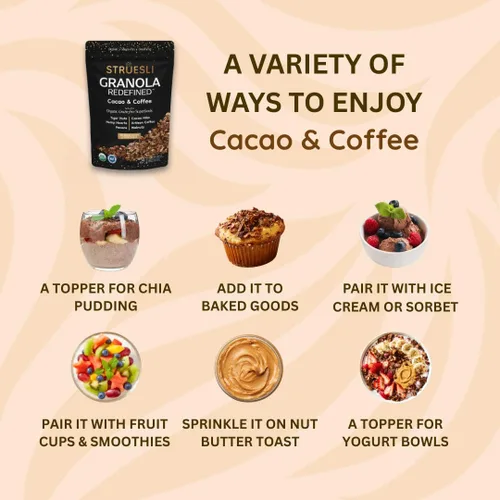 Miniatura 11 de Struesli Cacao + Café Orgánica Granola, Sin Granos y Sin Gluten, Bocadillos Saludables con Cacao, Café, Frutos de Chufa, Nueces Pecanas, Nueces