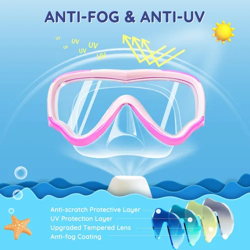 Miniatura 2 de MOMUSE Gafas de natación para niños con correa de tela suave, máscara de buceo con cubierta de nariz 3D sin fugas, lente antivaho e inastillable