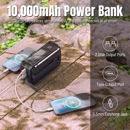 Miniatura 4 de Batería de 37000 mWh: radio de emergencia Raddy SW10, manivela solar, radio AM FM NOAA con linterna de batería recargable, brújula de alarma SOS