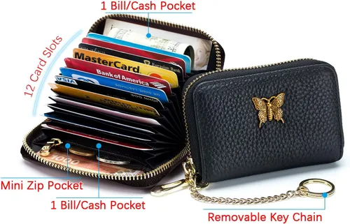 Miniatura 3 de imeetu Portatarjetas de crédito RFID para mujer, pequeña cartera de cuero con cremallera con llavero extraíble, Gris topo, S, Cartera para tarjetas