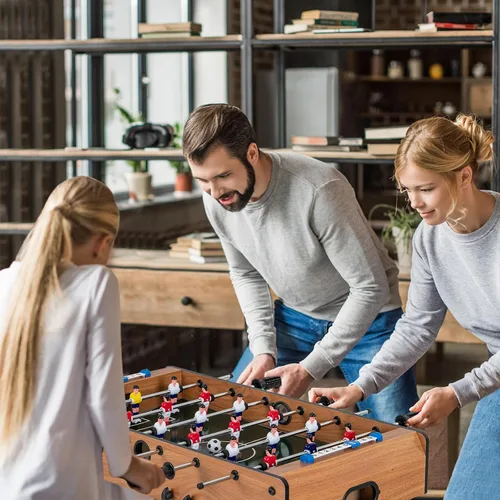 Miniatura 2 de Goplus Mesa de futbolín plegable, mesa de fútbol de madera de 27 pulgadas con 2 balones de fútbol y guardadores de puntuación, juego de fútbol
