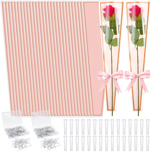 Outus Accesorios para ramo de flores, 200 unidades, fundas de rosas individuales con 200 tubos de agua florales y 200 alfileres de ramo de cabeza de