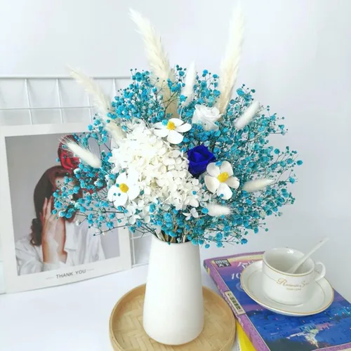 Miniatura 5 de Ramo de flores secas de aliento de bebé, 17 pulgadas, más de 2500 flores secas azules, ramas de gypsophila naturales para bodas, decoración de D-blue