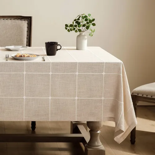 Miniatura 48 de ZeeMart - Mantel de mesa con diseño de cuadrícula boho y borlas (blanco roto, 132 cm x 132 cm), mantel de gran peso de lino a cuadros bordado