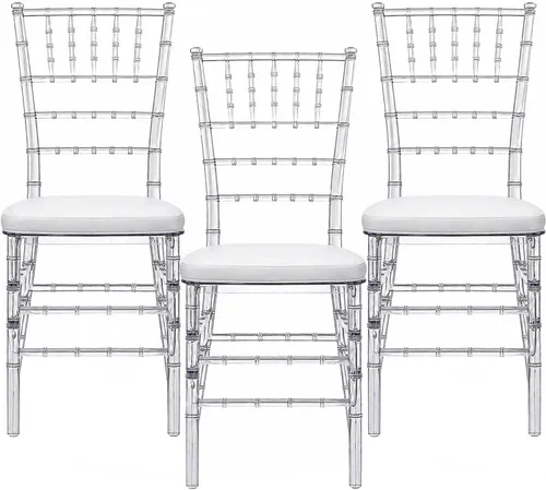 FOH Juego de 3 sillas Chiavari de acrílico transparente con cojines, silla de comedor de cristal transparente totalmente montada, sillas fantasma