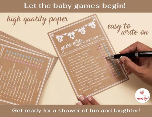 Miniatura 3 de Party Hearty Juego de 50 piezas de Baby Shower para niña o niño, mamá o papá Adivina quién, divertidas tarjetas de actividad, género neutro, ideas