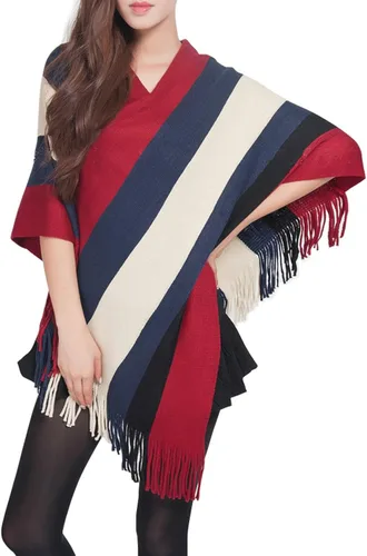 Miniatura 2 de Dahlia Mujer Poncho de puntoCuello en V Houndstooth Tassel Cape