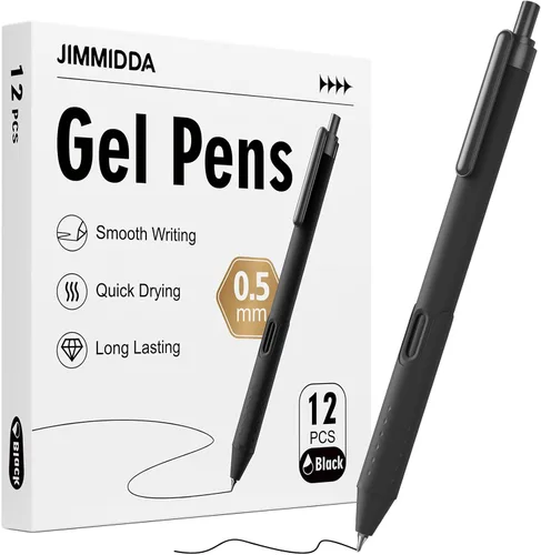 Paquete de 12 bolígrafos negros - Bolígrafos de gel de 0.5 mm de tinta negra de secado rápido y escritura suave - Bolígrafo retráctil de agarre