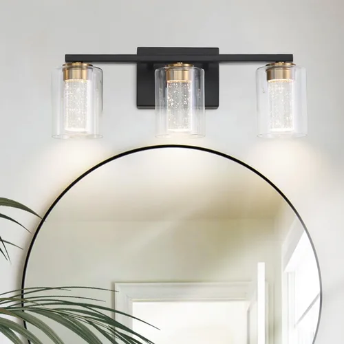 EMONG Lámpara de baño de 3 luces negras y doradas, luces LED regulables de 5 CCT con vidrio transparente, 2700 K-6500 K, luz de tocador de baño