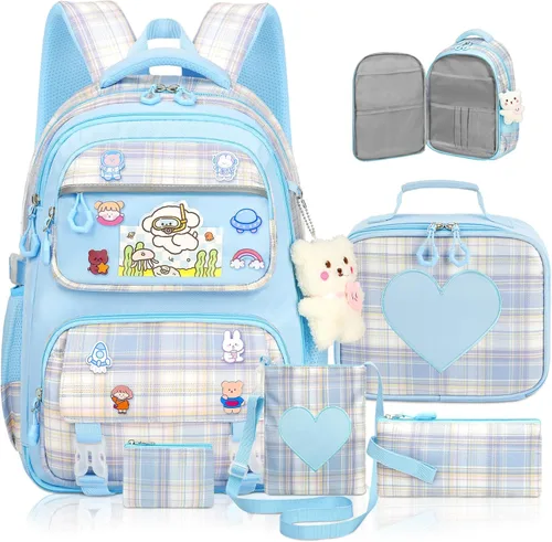 Linda mochila para niñas, paquete de 5 mochila kawaii estética con juego de lonchera, bonita mochila escolar azul para niños y adolescentes primarias