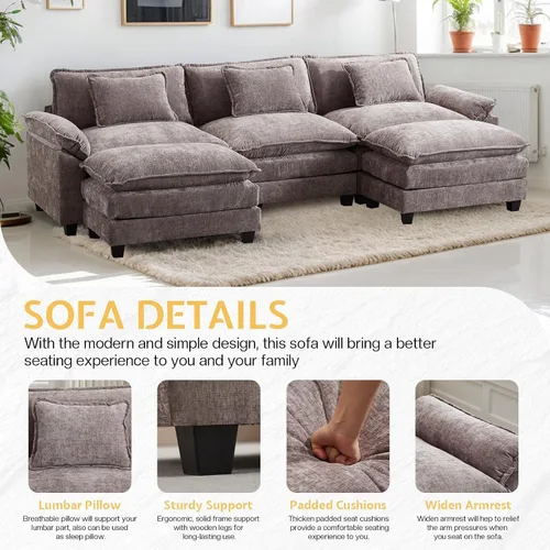 Miniatura 5 de Sofá Seccional, Sofá Modular Cloud con Otomana, Sofás Cama de Asiento Profundo con Almohadas Decorativas, Cómodo Sofá de Dos Plazas de Chenilla