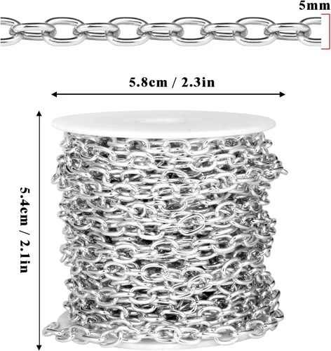 Miniatura 2 de Cadikez - 33 pies de cadenas de cable rolo de plata, 5 mm de aluminio chapado en plata, cadena de eslabones ovalados en O, en rollo a granel