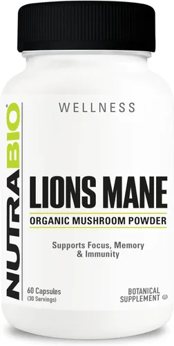 NutraBio Cápsulas orgánicas de suplemento de hongos de melena de león – 500 mg en polvo – Enfoque, memoria, apoyo a la inmunidad – 60 cápsulas