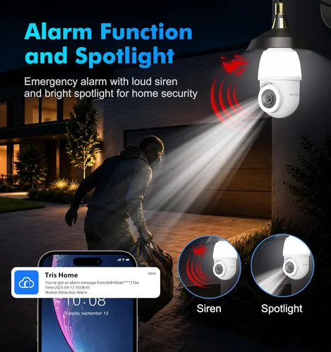 Miniatura 5 de Cámara de bombilla, 2.4 y 5 GHz, WiFi 2K, cámara de seguridad inalámbrica para interiores y exteriores con visión nocturna a color, conversación