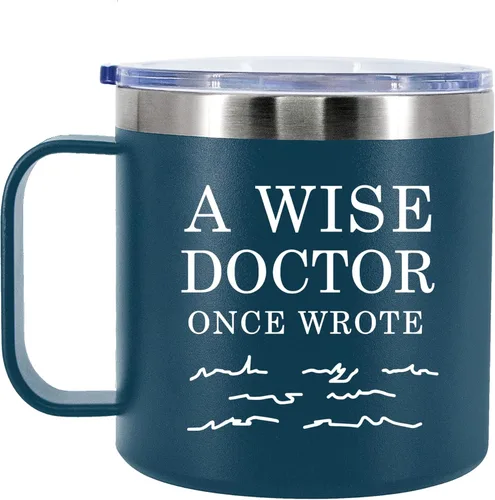 A Wise Doctor Once Wrote Taza de café aislada de 14 onzas con asa y tapa, regalos para médico, estudiante de medicina, médico, médico, médico, Azul