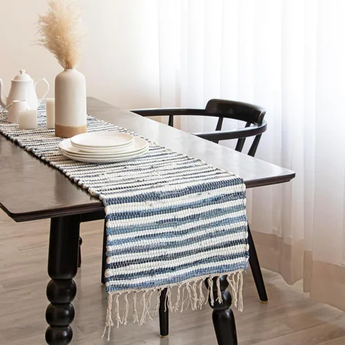 HOMEMONDE Chindi - Camino de mesa con flecos, 14 x 72 pulgadas, de algodón reciclado, reversible, rústico, estilo vintage, para fiestas, mesa de Azul