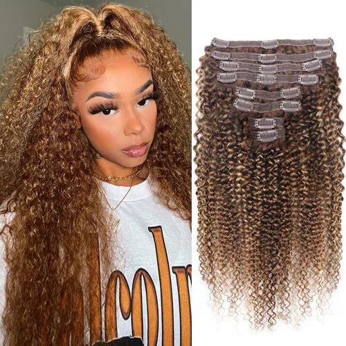 Miniatura 11 de Extensiones de cabello humano rizado con clip, 3C 4A, rizado con clip, cabeza completa, para mujeres negras, cabello humano brasileño Remy