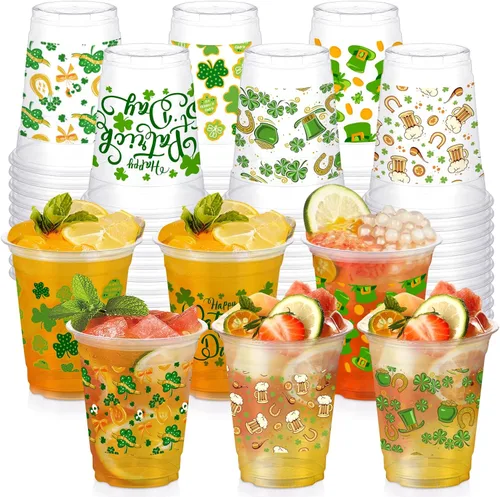 60 vasos de plástico para el día de San Patricio, tazas de fiesta del día de San Patricio, vasos de plástico transparente desechables de San