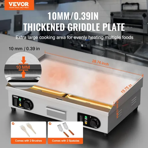 Miniatura 2 de VEVOR Plancha Eléctrica Comercial, Parrilla Plana de Encimera de 2800W, Temperatura Ajustable de 122℉-572℉, Parrilla de Acero Inoxidable de 29